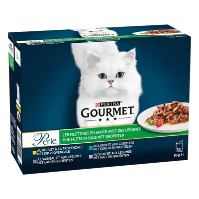 Purina Gourmet Perle, филенца в сос с зеленчуци, видове: пиле, агнешко, заек, телешко. Опаковката съдържа 12x85g порционни торбички.