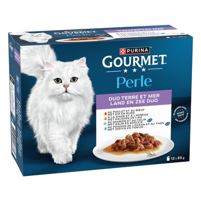 Purina Gourmet Perle Régal de Sauces, 12x85g. Διάφορες γεύσεις: βοδινό, κοτόπουλο, τόνος, σολομός σε σάλτσα. Ορατό σύμβολο για 24 μερίδες.