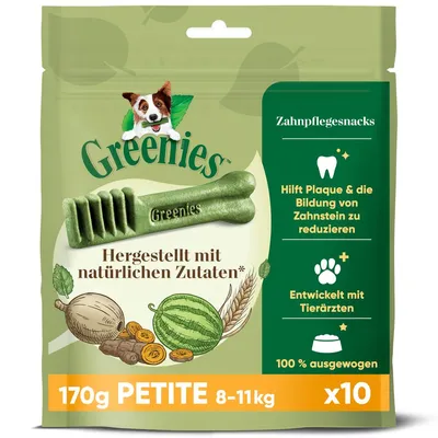 Greenies, 170g PETITE 8–11kg, x10. Texte visibles en allemand : Hergestellt mit natürlichen Zutaten, Hilft Plaque & die Bildung von Zahnstein zu reduzieren, Entwickelt mit Tierärzten, 100 % ausgewogen. Greenies, 170g PETITE 8–11kg, x10. Texte visibles en allemand : Hergestellt mit natürlichen Zutaten, Hilft Plaque & die Bildung von Zahnstein zu reduzieren, Entwickelt mit Tierärzten, 100 % ausgewogen.