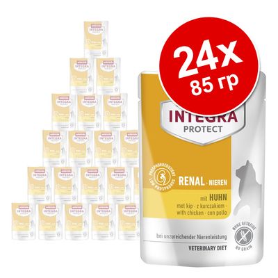 24 пауча по 85 г Animonda Integra Protect Renal с курицей, ветеринарная диета для кошек, без зерна. Видны надписи: 'PHOSPHORREDUZIERT', 'OHNE GETREIDE', 'VETERINARY DIET'.