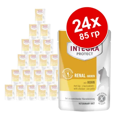 24 пауча по 85 г Animonda Integra Protect Renal с курицей, ветеринарная диета для кошек, без зерна. Видны надписи: 'PHOSPHORREDUZIERT', 'OHNE GETREIDE', 'VETERINARY DIET'.