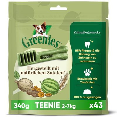 Greenies Teenie Zahnpflegesnacks, hergestellt mit natürlichen Zutaten, 340g, für Hunde 2-7kg. Hilft Plaque und Zahnsteinbildung zu reduzieren, entwickelt mit Tierärzten, 43 Stück.