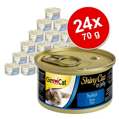 GimCat ShinyCat Jelly -säästöpakkaus 24 x 70 g - lajitelma: tonnikala & kana + tonnikala & katkarapu