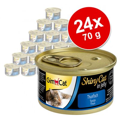 GimCat ShinyCat Jelly -säästöpakkaus 24 x 70 g lajitelma: tonnikala & kana + tonnikala & katkarapu