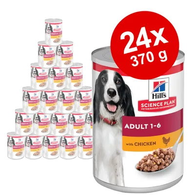 24x 370 g Hill's Science Plan Adult 1-6 with Chicken dåsefoder til hund, billede af dåser med hund og foder på etiketten. Tekst: SCIENCE PLAN VETERINARIAN RECOMMENDED.