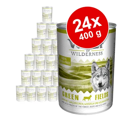 Wolf of Wilderness Green Fields 24 x 400 g koiran märkäruoka, 100 % grain-free, näkyvissä lammas ja yrtit. Iso punainen merkki: 24x 400 g.