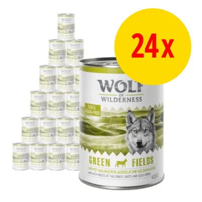 Wolf of Wilderness Green Fields 100% grain-free, 24x400g dåser hundemad. Synlig tekst: GREEN FIELDS, 100% GRAIN-FREE, 400g.