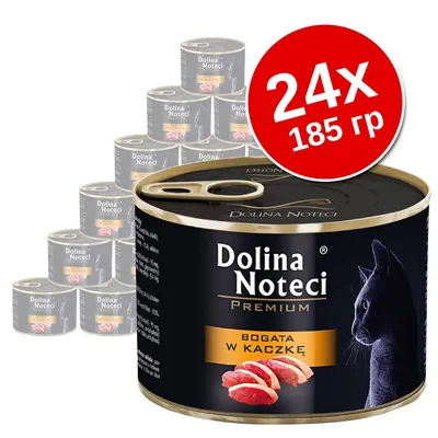 Dolina Noteci Premium консервированный корм для кошек, надпись 'BOGATA W KACZKĘ', упаковка 24×185 г, изображение утиного мяса и силуэта кошки на банке. Dolina Noteci Premium консервированный корм для кошек, надпись 'BOGATA W KACZKĘ', упаковка 24×185 г, изображение утиного мяса и силуэта кошки на банке.