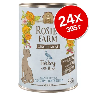 Rosie's Farm Single Meat Turkey with Rice, 24×395 г. Консерва за кучета, надпис: адаптирано към нуждите на чувствителни кучета, senior, съдържа пребиотици.