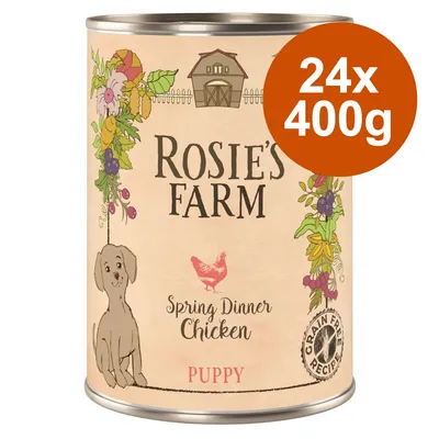 Rosie's Farm Spring Dinner Chicken Puppy, 24x400g, getreidefreie Rezeptur. Illustration mit Hund, Huhn und Blumen.
