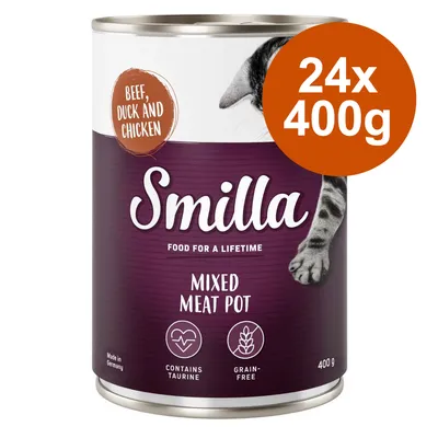 Smilla Mixed Meat Pot, 24x400g, mit Rind, Ente und Huhn. Enthält Taurin, getreidefrei. Made in Germany.