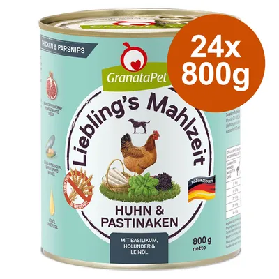 GranataPet Liebling's Mahlzeit Huhn & Pastinaken, mit Basilikum, Holunder & Leinöl. Made in Germany. Packungsgrösse: 24x800g, getreidefrei.