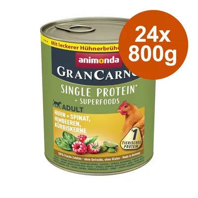 Animonda GranCarno Single Protein Adult, Huhn mit Spinat, Himbeeren, Kürbiskernen. 24x800g. Ohne Getreide, ohne Gluten, Made in Germany.