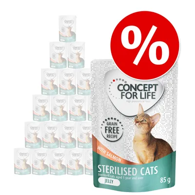 Concept for Life Sterilised Cats with Salmon, viljaton resepti, hyytelö, 85 g annospussi. Pakkauskuva ja tarjousmerkki (%).