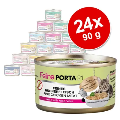 Feline Porta 21 Feines Hühnerfleisch with Aloe Vera -kissanruoka, 24 x 90 g. Etiketissä teksti: 'ohne zuckerzusatz', kuva kissasta ja annoksesta.