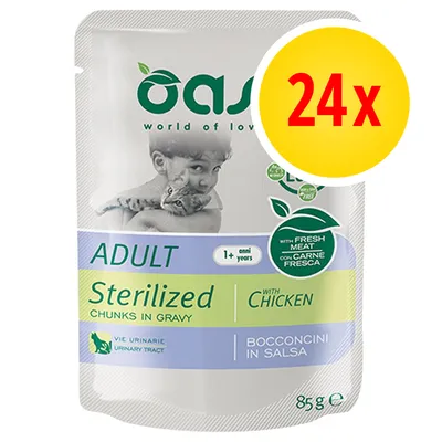 Confezione Oasy Adult Sterilized bocconcini in salsa con pollo, carne fresca, vie urinarie, 1+ anni, 85 g, set da 24 pezzi. Testo visibile: 'with fresh meat', 'bocconcini in salsa'.