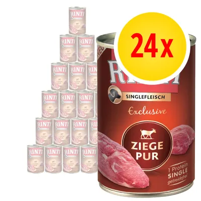 RINTI Singlefleisch Exclusive Ziege Pur, 24× konzerv. Viditelný nápis: 1 Protein Single, getreidefrei. RINTI Singlefleisch Exclusive Ziege Pur, 24× konzerv. Viditelný nápis: 1 Protein Single, getreidefrei.