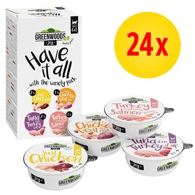 Greenwoods Joy Adult Cat, confezione da 24 vaschette assortite: Just Chicken, Chicken & Veal, Tuna on Turkey, Turkey & Salmon. Testo visibile: Have it all with the variety pack.