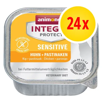Animonda Integra Protect Sensitive, spannmålsfri våtfoder med kyckling och palsternacka, 24x. Text: Harn-pH 6,5–6,8, Veterinary Diet.