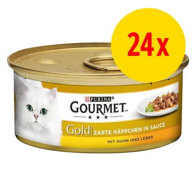 Boîte Purina Gourmet Gold Zarte Häppchen in Sauce, mit Huhn und Leber, lot de 24x. Texte en allemand sur l’emballage.