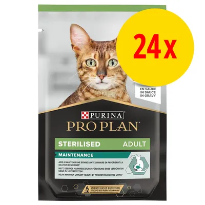 Purina Pro Plan Sterilised Adult Maintenance, 24x sachets, aide à maintenir une bonne santé urinaire, en sauce. Texte visible : 'EN SAUCE IN GRAVY', 'SCIENCE BASED NUTRITION'.