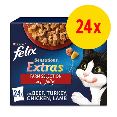 Purina felix Sensations Extras Farm Selection in Jelly, 24x avec bœuf, dinde, poulet, agneau. Illustration de nourriture pour chat et chat dessiné sur l’emballage.