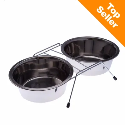 Två matskålar i rostfritt stål på ställning, synlig text: Top Seller i orange hörn