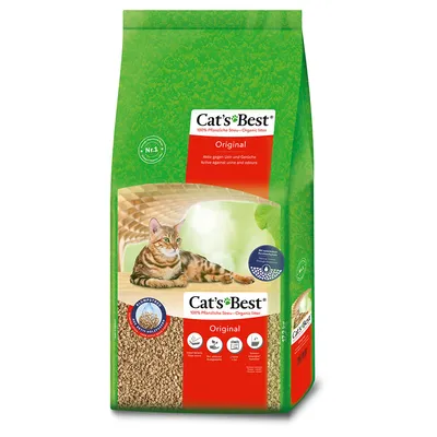 Cat's Best Original, 100% așternut vegetal, activ împotriva urinei și mirosurilor. Nisip aglomerant cu absorbție ridicată, biodegradabil. Ambalajul prezintă o pisică și detalii despre produs.