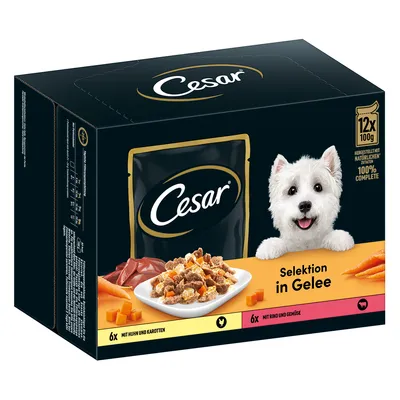 Cesar Selektion u želeu, proizveden od prirodnih sastojaka, 100% kompletna hrana. 12x100g, 6x s piletinom i mrkvom, 6x s govedinom i povrćem.