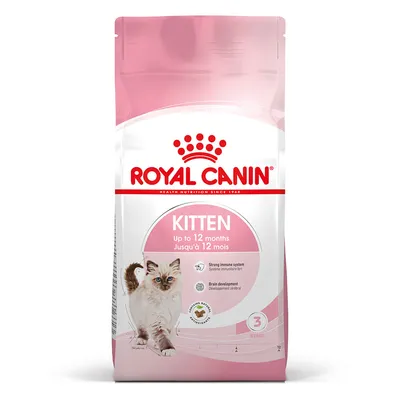 Royal Canin Kitten сухой корм для кошек до 12 месяцев. Поддерживает иммунитет и развитие мозга. Упаковка с розовым дизайном и изображением кошки.
