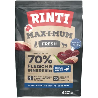 Rinti Max-i-mum Fresh. Made with 70% meat and offal, rich in fresh duck, with 30% vegetables and valuable ingredients, grain-free recipe. Fresh meat enjoyment, 4kg.