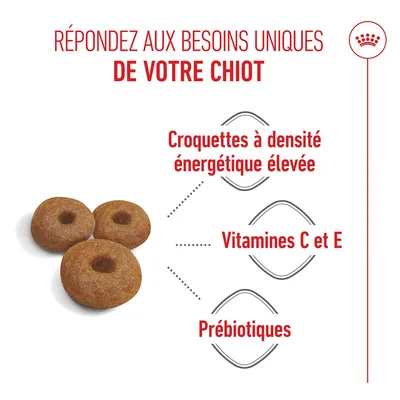 Croquettes à haute densité énergétique, vitamines C et E ainsi que des prébiotiques. Texte : Répondez aux besoins uniques de votre chiot.