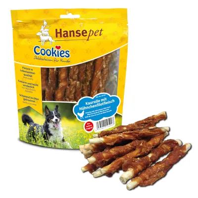 Hansepet Cookies tuggrulle med kycklingfilé. Kött av livsmedelskvalitet, fettsnålt och lättsmält, varsamt ugnstorkat.