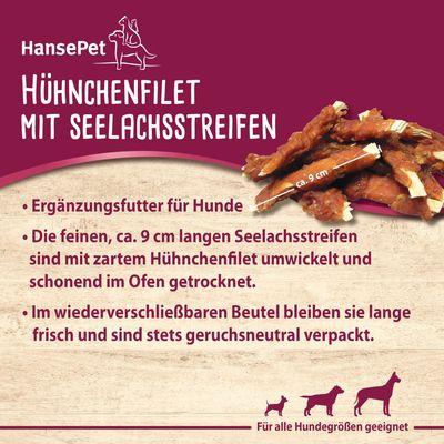 HansePet Hühnchenfilet mit Seelachsstreifen. Ergänzungsfutter für Hunde, ca. 9 cm lange Seelachsstreifen mit Hühnchenfilet umwickelt, im Ofen getrocknet. Für alle Hundgrössen geeignet.