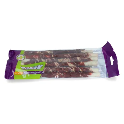 Braaaf Premium Quality Kausnacks in violetter Verpackung, fünf Stück sichtbar. Label mit Sternbewertung und grünem Siegel.