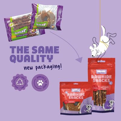 Braaaaf Premium Quality old packaging and new Braaaaf Rawhide Snacks, Sweet Beef and Roll Sticks Beef packs. Text: THE SAME QUALITY new packaging! Recyclable 100%. Approved by dogs.
