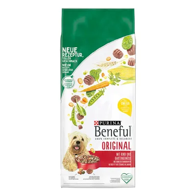 Purina Beneful Original mit Rind und Gartengemüse, neue Rezeptur, Omega-3-Fettsäuren, 100% komplett und ausgewogen. Mit Bild eines Hundes und Zutaten wie Karotten, Erbsen und Mais.