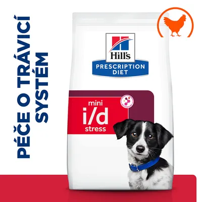 Hill's Prescription Diet mini i/d stress. Text: Péče o trávící systém. Symbol kurča v oranžovom kruhu. Balenie krmiva s obrázkom psa.