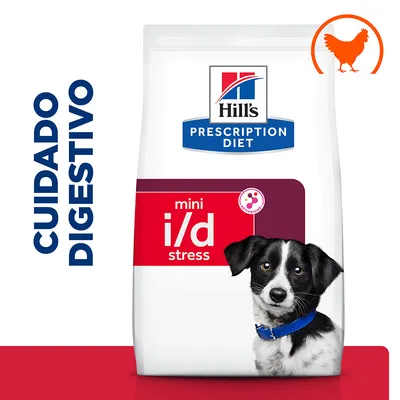 Hill's Prescription Diet mini i/d stress, cuidado digestivo. Imagen de envase con icono de pollo y perro visible en la parte inferior.