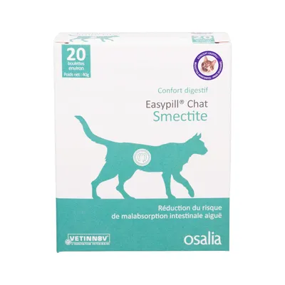 Easypill Chat Smectite, 20 boulettes, 40g. Confort digestif. Réduction du risque de malabsorption intestinale aiguë. VETINNOV, osalia. Текстът е на френски език. Easypill Chat Smectite, 20 boulettes, 40g. Confort digestif. Réduction du risque de malabsorption intestinale aiguë. VETINNOV, osalia. Текстът е на френски език.