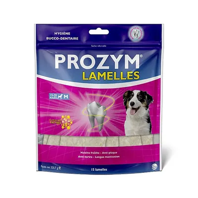 PROZYM Lamelles hygiène bucco-dentaire pour chiens 15–25 kilos, M, 15 lamelles. Halène fraîche, anti-plaque, anti-tartre, longue mastication. Contient des enzymes. Poids net 320,7 g.
