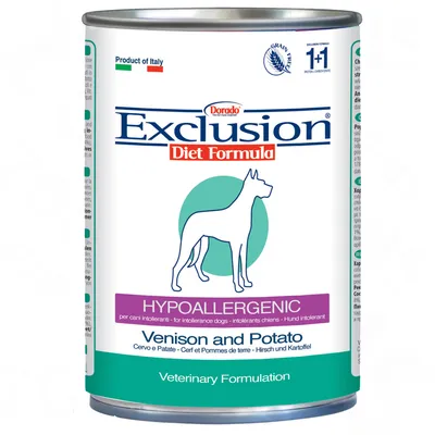 Dorado Exclusion Diet Formula, hypoallergenisk hundefoder med hjort og kartoffel. Produkt fra Italien, veterinær opskrift, kornfri. Dorado Exclusion Diet Formula, hypoallergenisk hundefoder med hjort og kartoffel. Produkt fra Italien, veterinær opskrift, kornfri.
