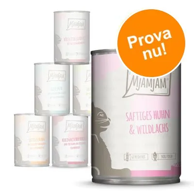 MjAMjAM burkar med kattmat, synlig text: Saftiges Huhn & Wildlachs. Orange cirkel med texten Prova nu! på svenska. Flera smaker visas i bakgrunden.