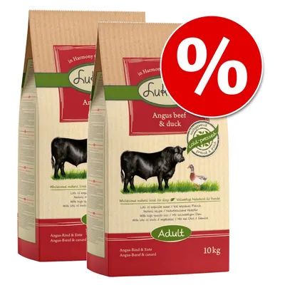 Lukullus Adult suha hrana, Angus govedina i patka, hladno prešana, 10 kg. Dva pakiranja s crvenim simbolom za popust. Lukullus Adult suha hrana, Angus govedina i patka, hladno prešana, 10 kg. Dva pakiranja s crvenim simbolom za popust.