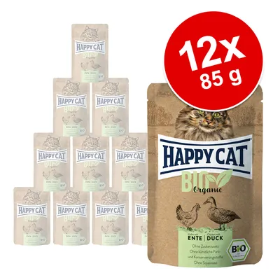 Happy Cat Bio Organic nedves eledel kacsával, 12x85g. Hozzáadott cukor, mesterséges színezék és tartósítószer, szója nélkül. Bio tanúsítvány látható.