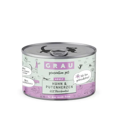 GRAU generation pet Adult Huhn & Putenherzen, 65% Fleischanteil, ohne Zuckerzusatz, getreidefrei, mit natürlichen Zutaten. Für deine sensible Katze.