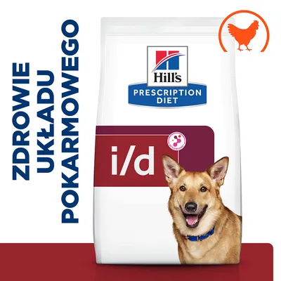 Hill's Prescription Diet i/d, zdrowie układu pokarmowego, opakowanie z symbolem kurczaka i widocznym fragmentem psa
