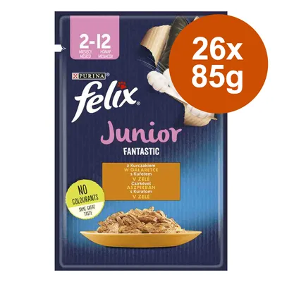 Purina Felix Junior Fantastic, 26x85g, Huhn in Gelee, geeignet für Katzen von 2-12 Monaten, ohne Farbstoffe.