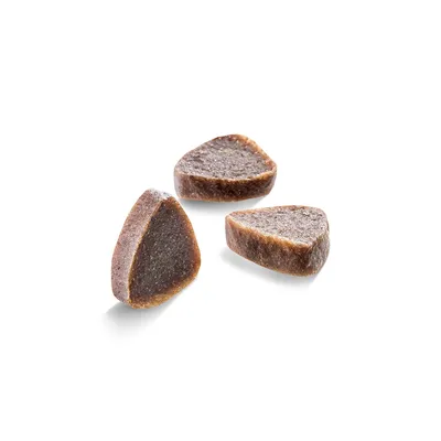 Trois croquettes brunes en forme de triangle, sans emballage visible, sur fond blanc.