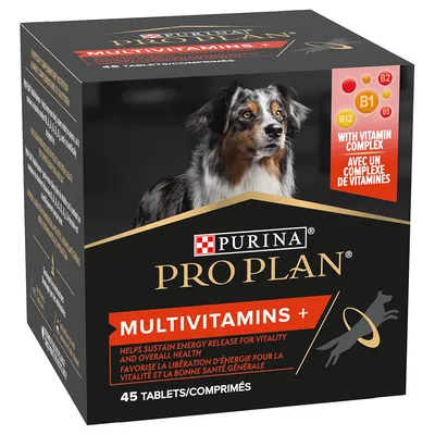 Balení Purina Pro Plan Multivitamins+ pro psy, 45 tablet, s vitamínovým komplexem B1, B2, B5, B12. Text: Helps sustain energy release for vitality and overall health.